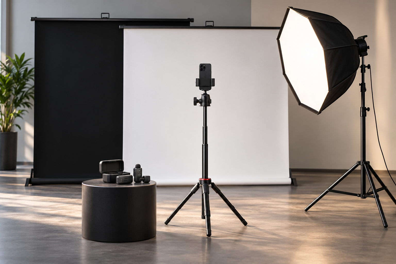 Mobiles Content-Studio mit Hintergrundsystem, Studiolicht, Smartphone-Stativ und Funkmikrofonen